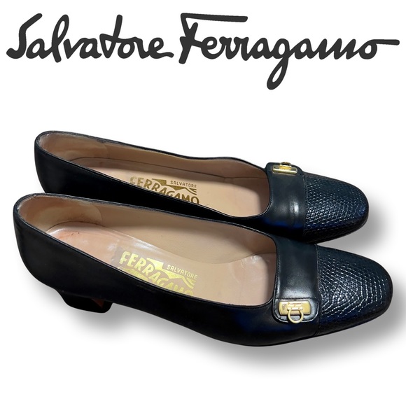 Vintage SALVATORE FERRAGAMO Square-Toe‎ Black Leather Heels - Picture 2 of 15